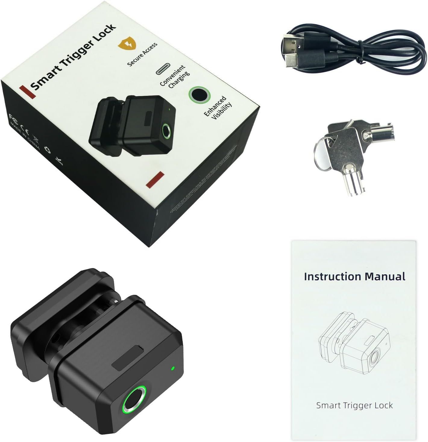 Shows everything included in the purchase: the Smart Trigger Lock device, charging cable, physical keys, instruction manual, and retail packaging to set clear…