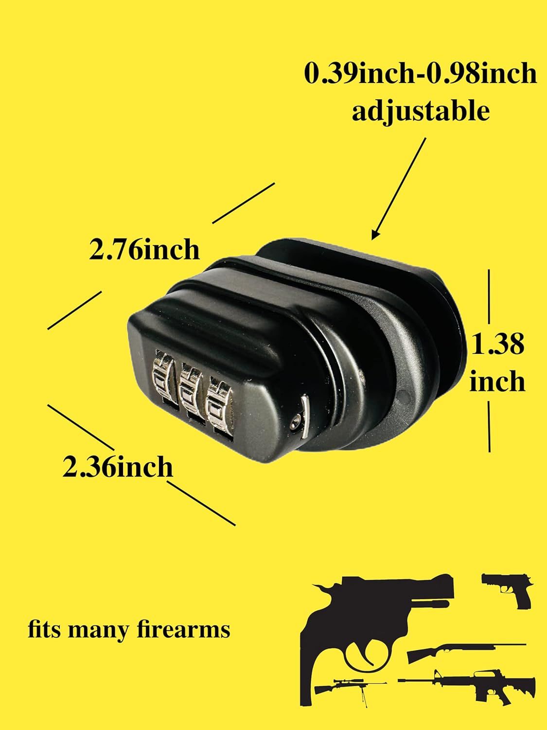 Communicates the exact dimensions of the trigger lock to help shoppers verify it will fit their firearm. Reassures shoppers that this lock is compatible with…