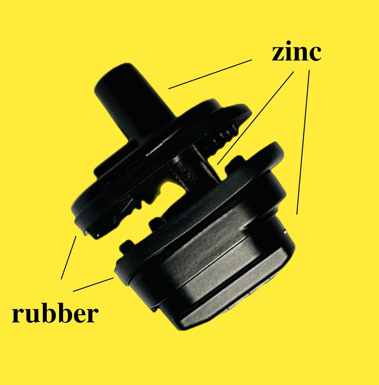 This image breaks down the product by labeling its key materials (zinc and rubber) to help shoppers understand the construction and quality of the components.