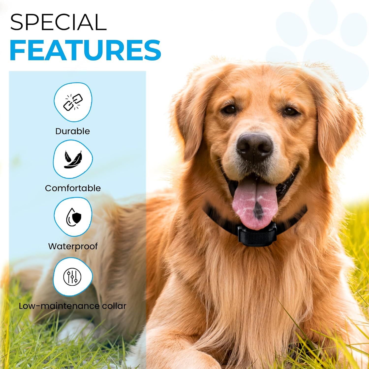 Showcases four key features of the dog collar to communicate its durability, comfort, waterproof design, and ease of maintenance, helping shoppers understand multiple benefits at once.
