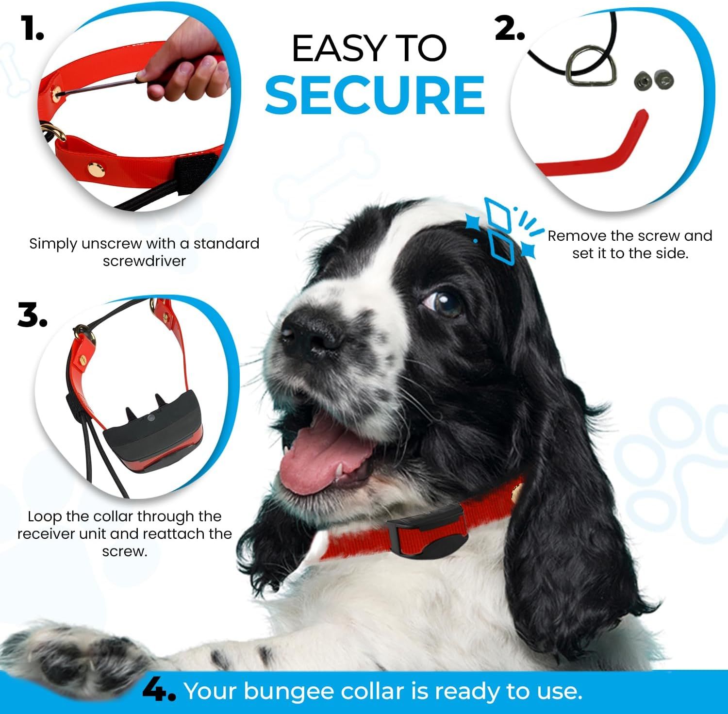 This image provides step-by-step instructions on how to attach and secure the bungee collar receiver unit, reducing setup friction and answering how the product works.