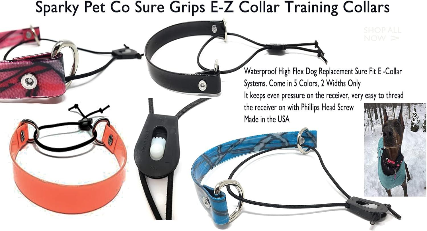 Communicates multiple key features of the E-Z Collar training collars including waterproof construction, color variety, ease of use, and USA manufacturing to help shoppers understand the products…