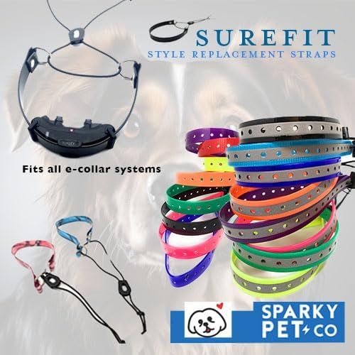 Demonstrates that the replacement straps fit all e-collar systems and are available in a wide variety of colors, showing versatility and customization options for pet owners.