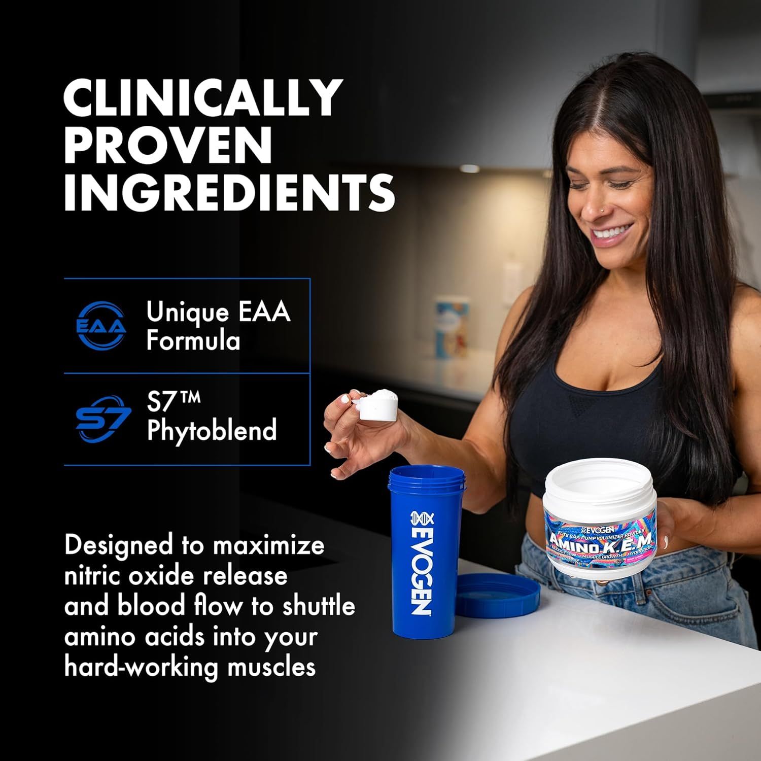 Communicates multiple scientifically-backed ingredients and their combined benefit of maximizing nitric oxide release and blood flow to deliver amino acids to muscles during workouts.