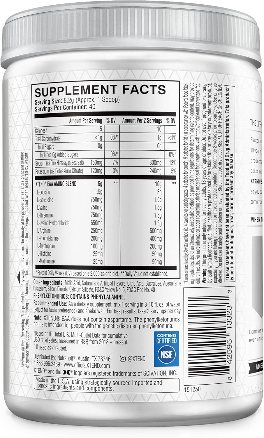 Provides detailed nutritional and ingredient information so shoppers can review the amino acid blend, serving size, and daily values to make an informed purchase decision.