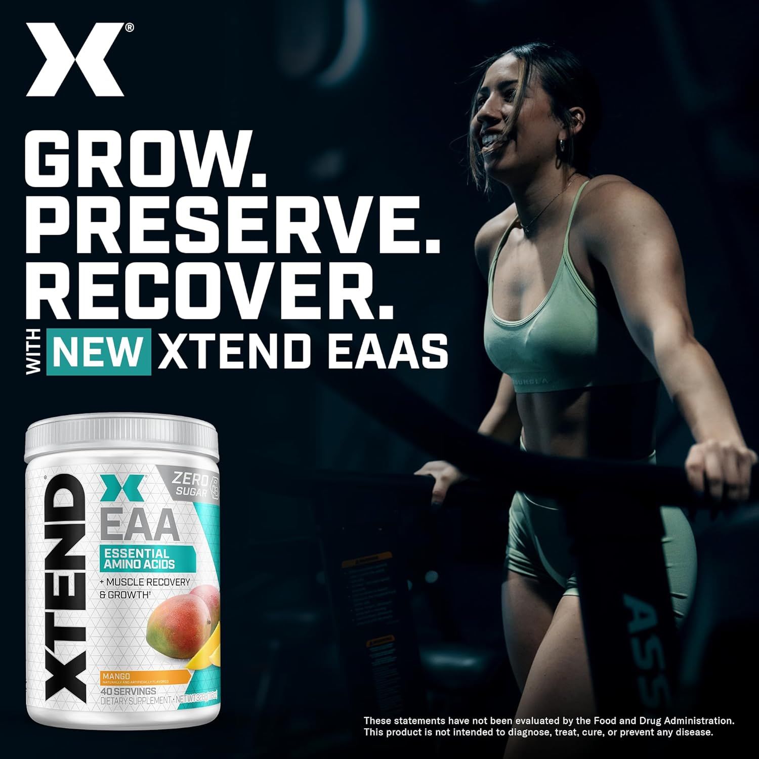 Communicates the three key benefits of the XTEND EAAs supplement to help shoppers understand how the product supports their fitness goals through growth, preservation, and recovery.