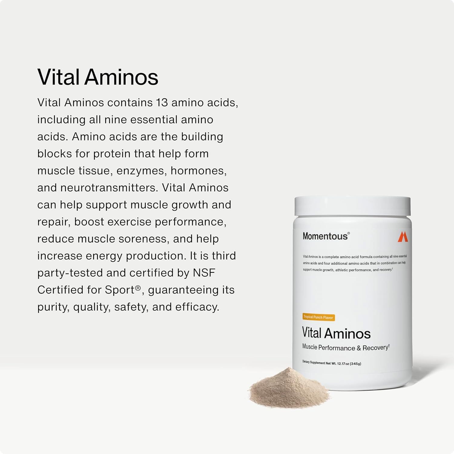 Communicates multiple benefits of the Vital Aminos supplement including its comprehensive amino acid content, muscle support, performance enhancement, recovery benefits, and third-party…