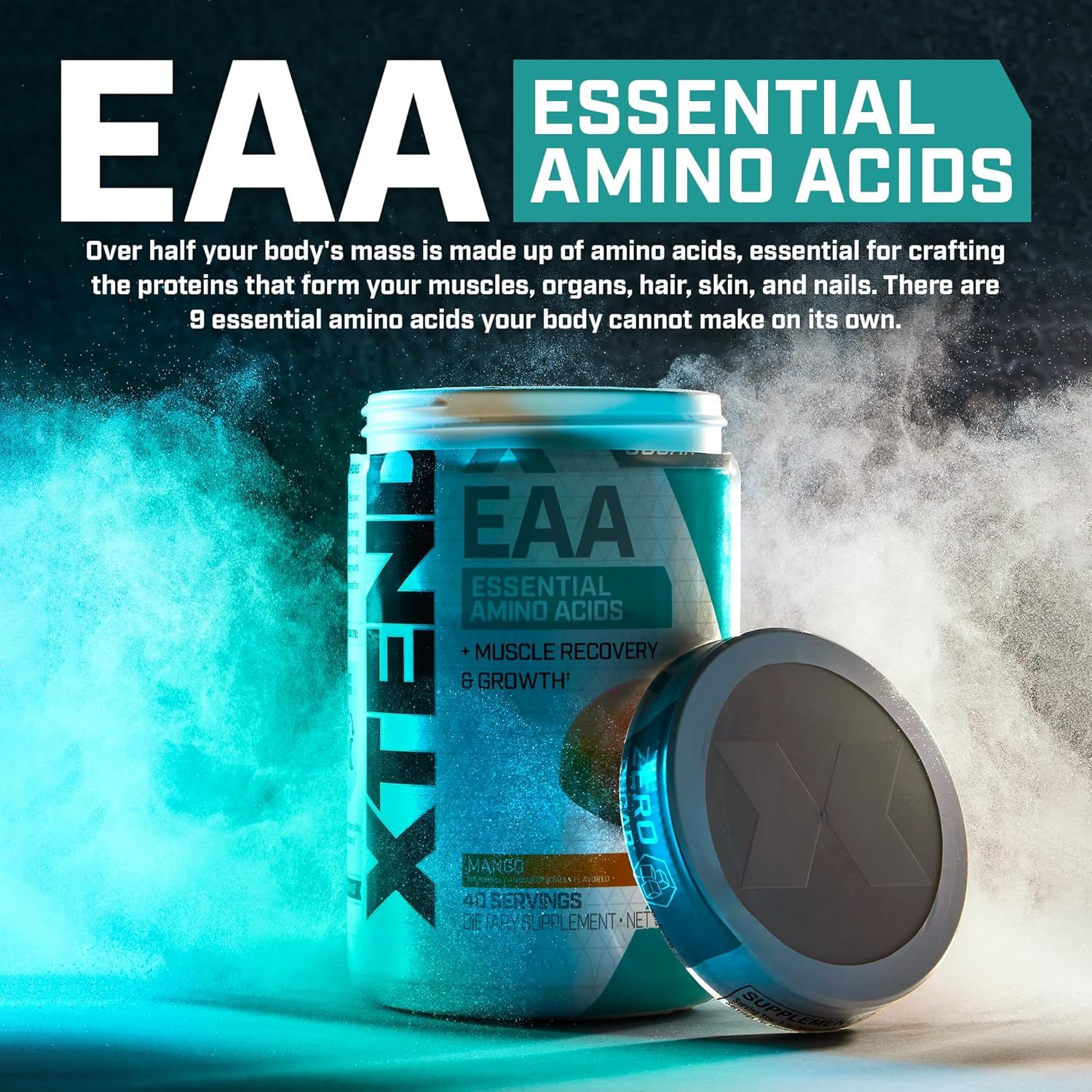 Educates shoppers on the importance of essential amino acids and positions the product as a solution for muscle recovery and growth by providing the 9 essential amino acids the body cannot produce.