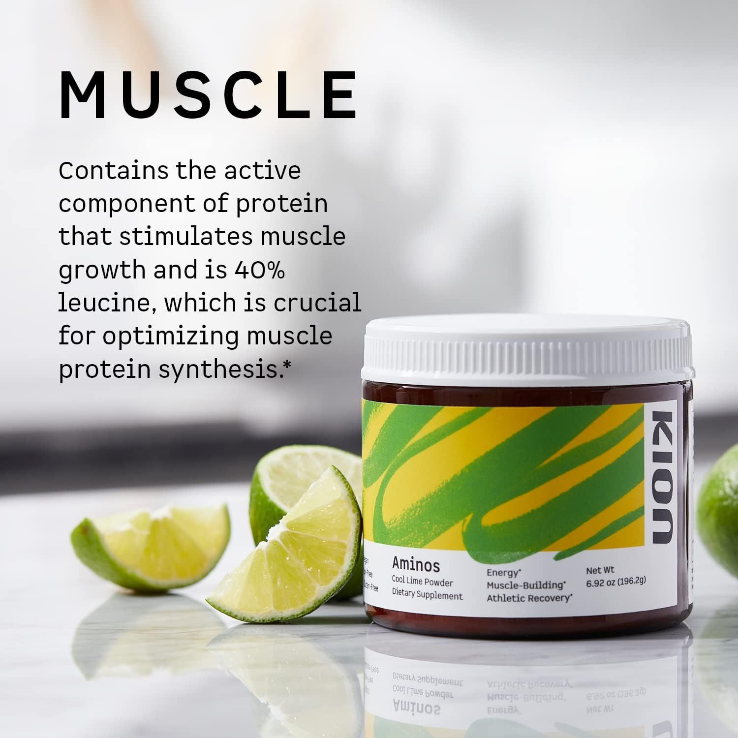Communicates that the product contains protein components that stimulate muscle growth and optimize muscle protein synthesis, specifically highlighting 40% leucine content.