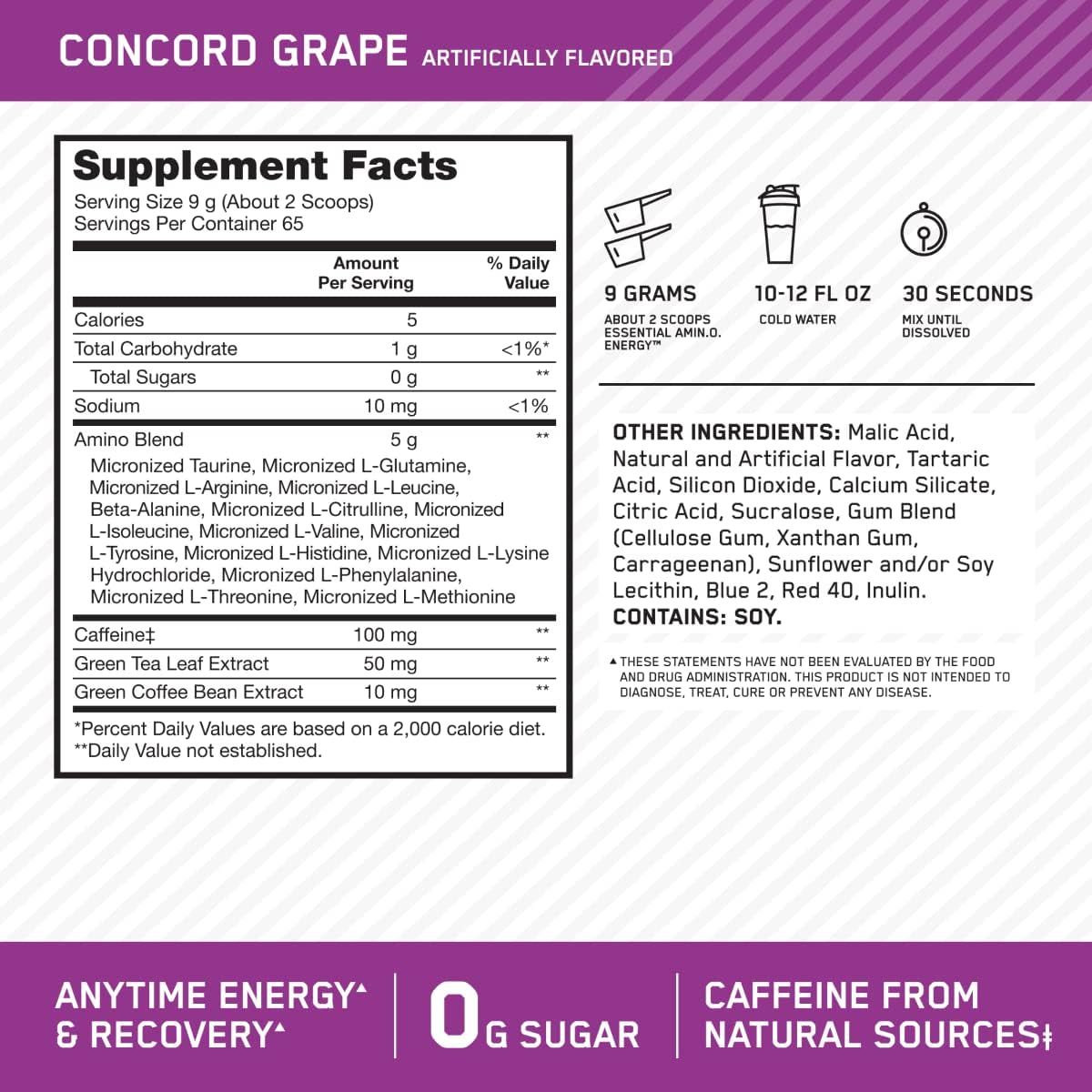 Communicates multiple key benefits of the supplement including energy and recovery support, zero sugar content, and natural caffeine sources to appeal to health-conscious shoppers.