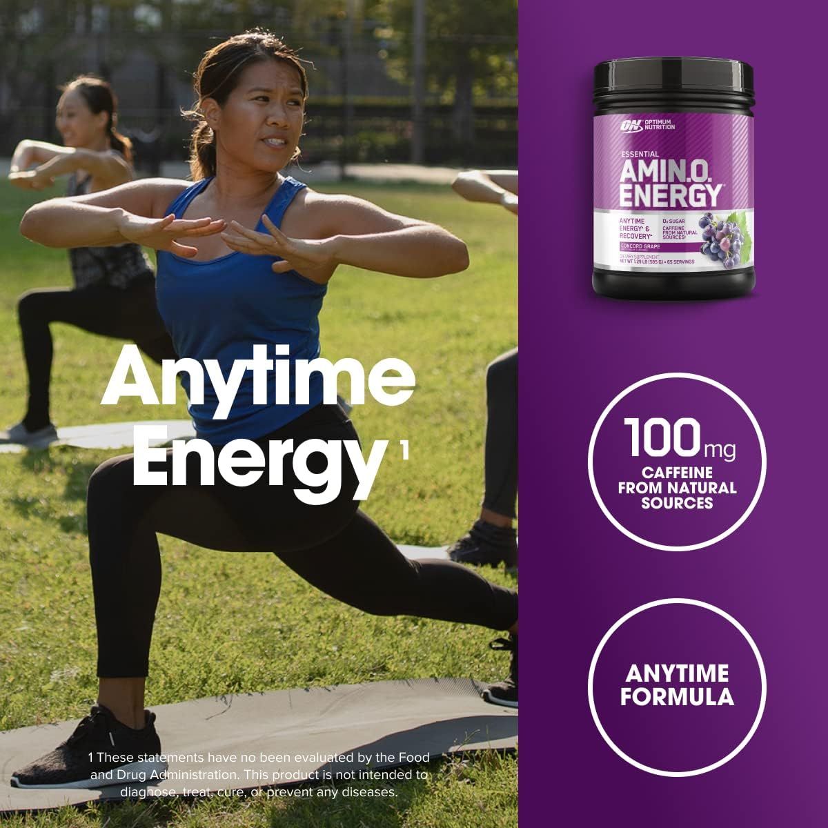 Communicates multiple key benefits of the amino energy supplement including its anytime use flexibility, natural caffeine content, and versatile formula to appeal to active shoppers seeking energy…