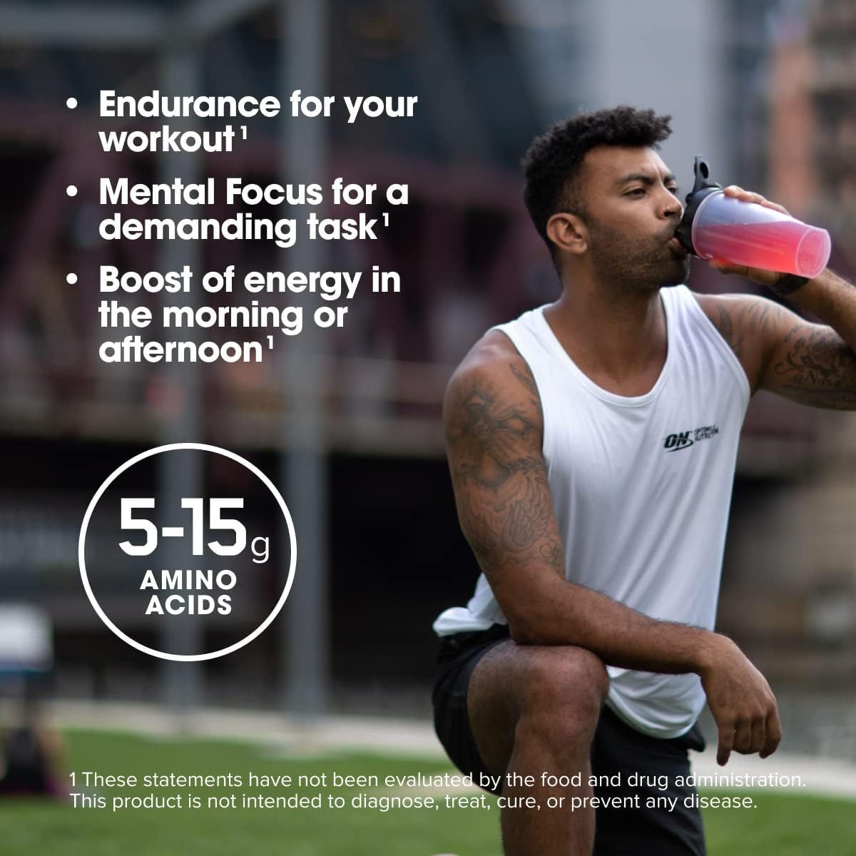 Communicates multiple benefits of the product including workout endurance, mental focus, and energy boost, while highlighting the amino acid content to appeal to fitness-focused shoppers.