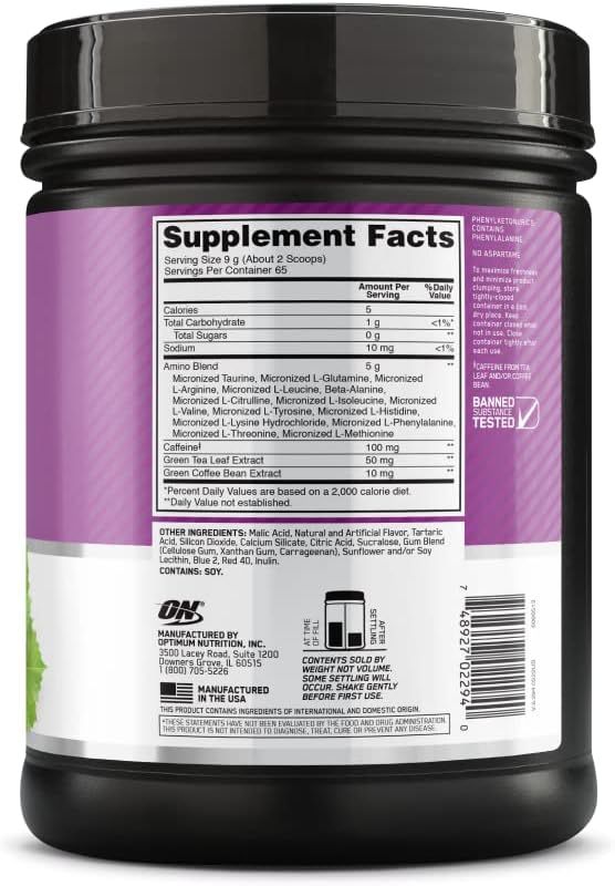 Displays the complete supplement facts panel and ingredient breakdown to inform shoppers about the nutritional content, amino acid blend, caffeine content, and other ingredients in the product.