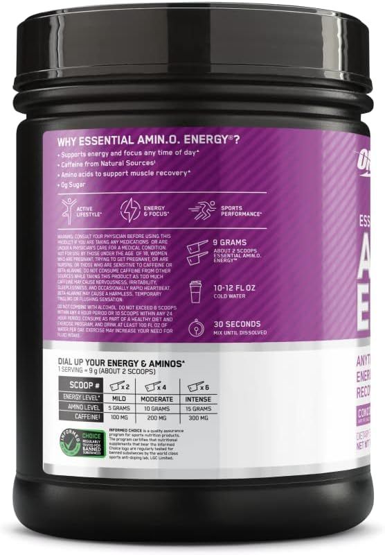 Communicates multiple key benefits of the amino energy product including energy support, natural ingredients, muscle recovery, and zero sugar to help shoppers understand the versatile value…