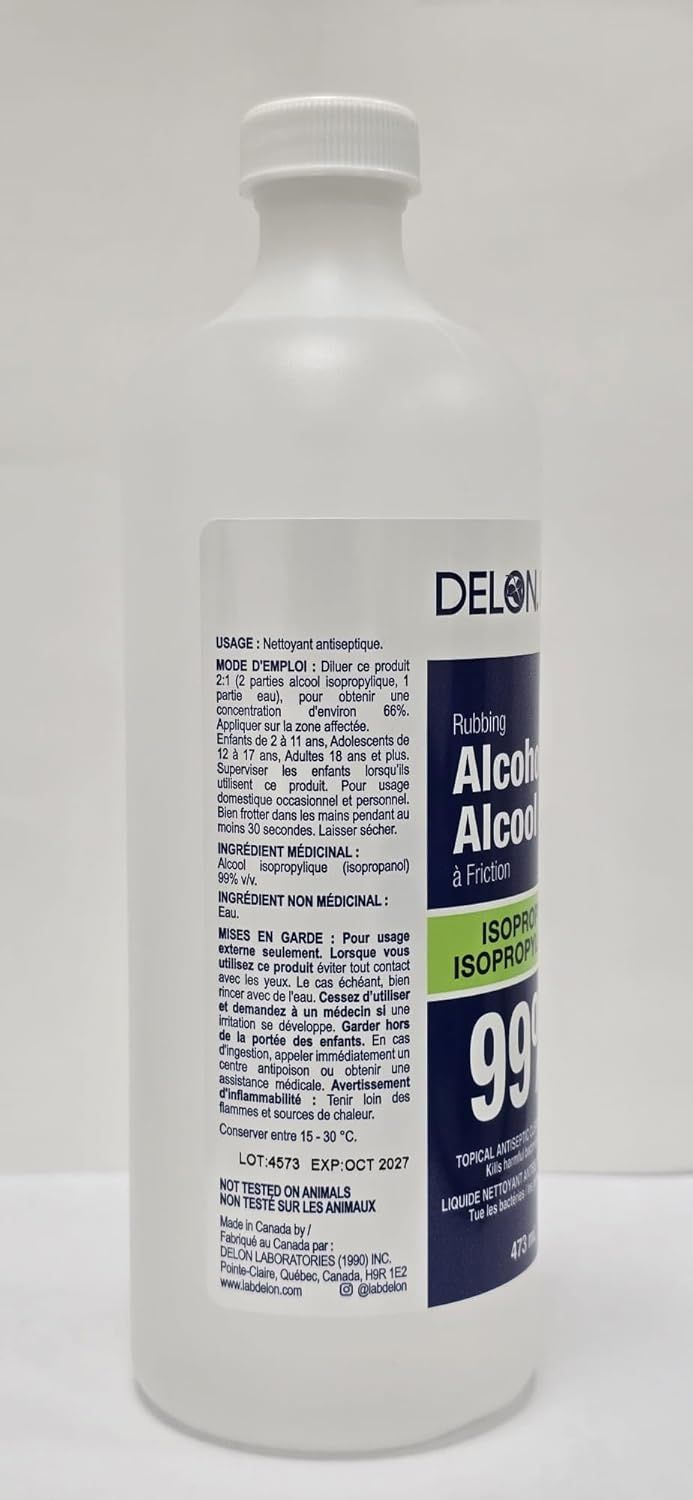 Shows the back label of the rubbing alcohol bottle to provide shoppers with detailed product information including ingredients, usage instructions, and safety warnings.