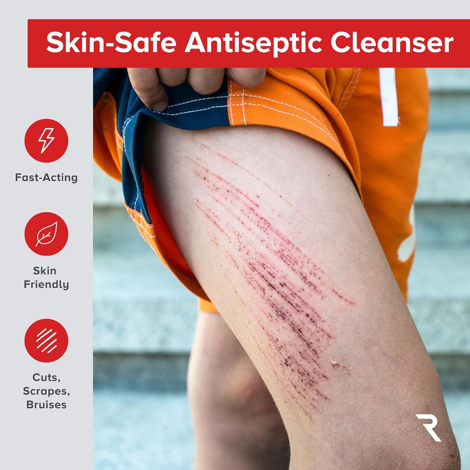 Communicates three key benefits of the antiseptic cleanser: it works quickly, is gentle on skin, and is effective for treating cuts, scrapes, and bruises.