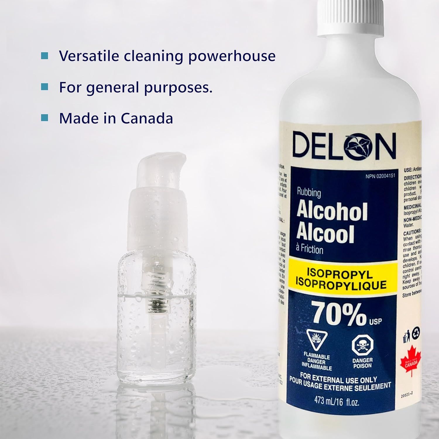 Communicates multiple selling points of the rubbing alcohol product including its versatility for cleaning, general purpose applications, and Canadian…