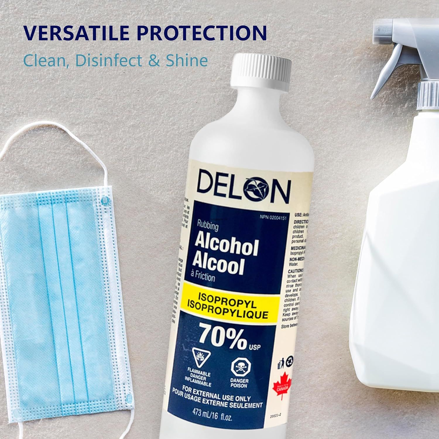 Demonstrates the versatile use cases of the rubbing alcohol product for cleaning, disinfecting, and shining, showing it can be used with masks and spray bottles for various protection needs.
