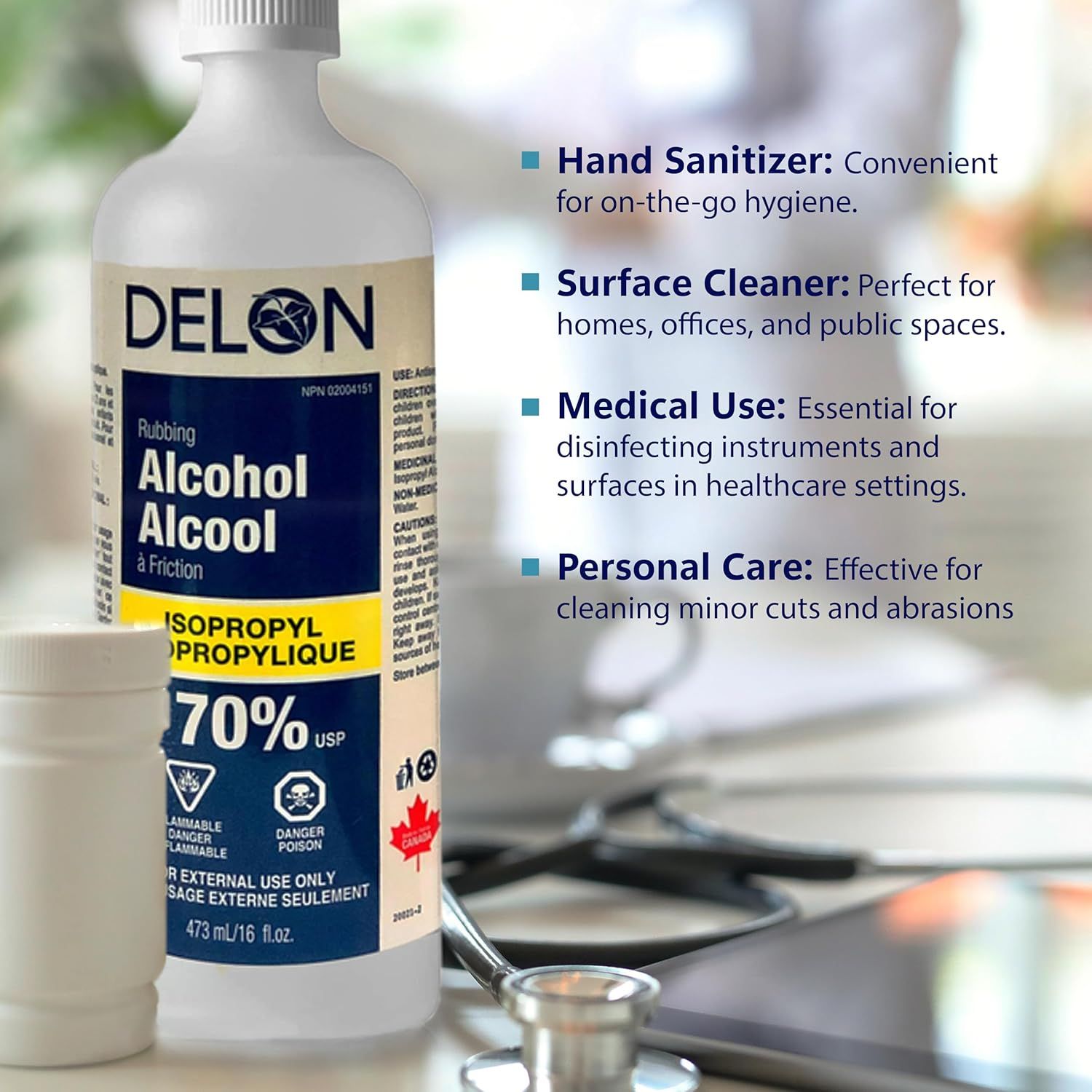 Demonstrates the versatility of the rubbing alcohol by showing four different use cases where the product is effective, helping shoppers understand its multiple applications.