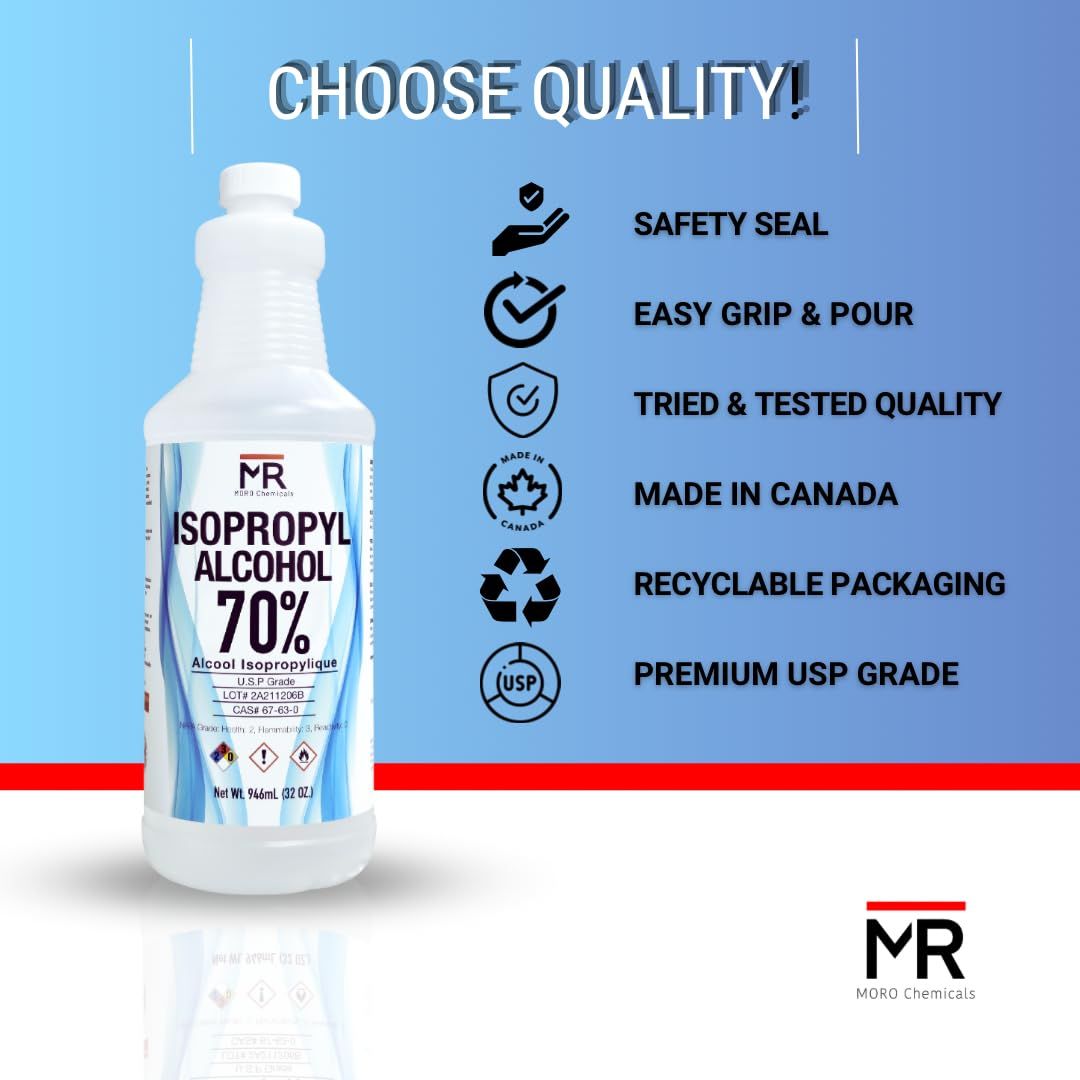 Communicates multiple quality and safety features of the isopropyl alcohol product to reassure shoppers about its reliability, safety standards, and environmental responsibility.