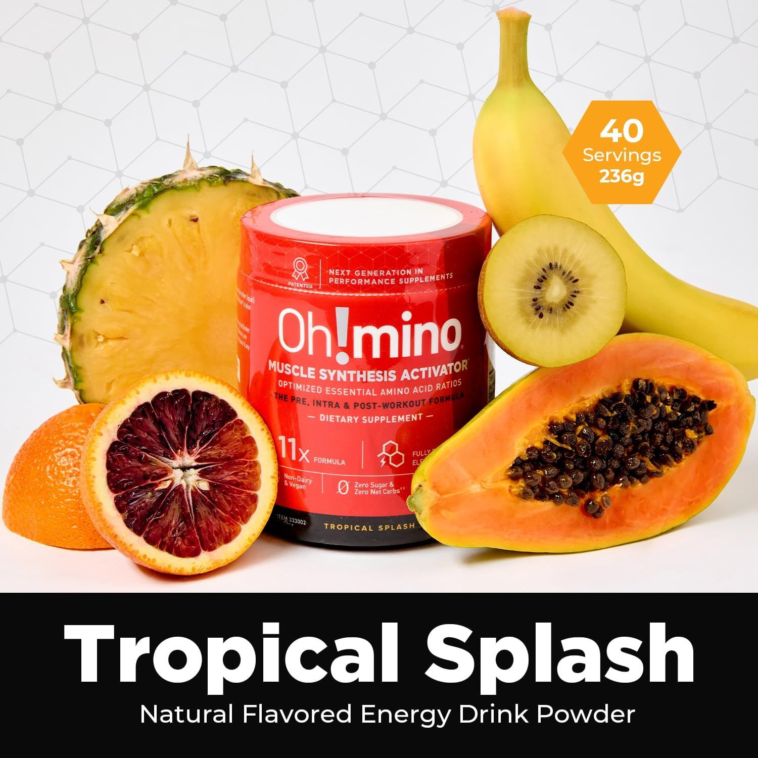 Communicates multiple product benefits including serving count, weight, flavor profile, and natural ingredients to help shoppers understand the value and characteristics of this muscle synthesis…