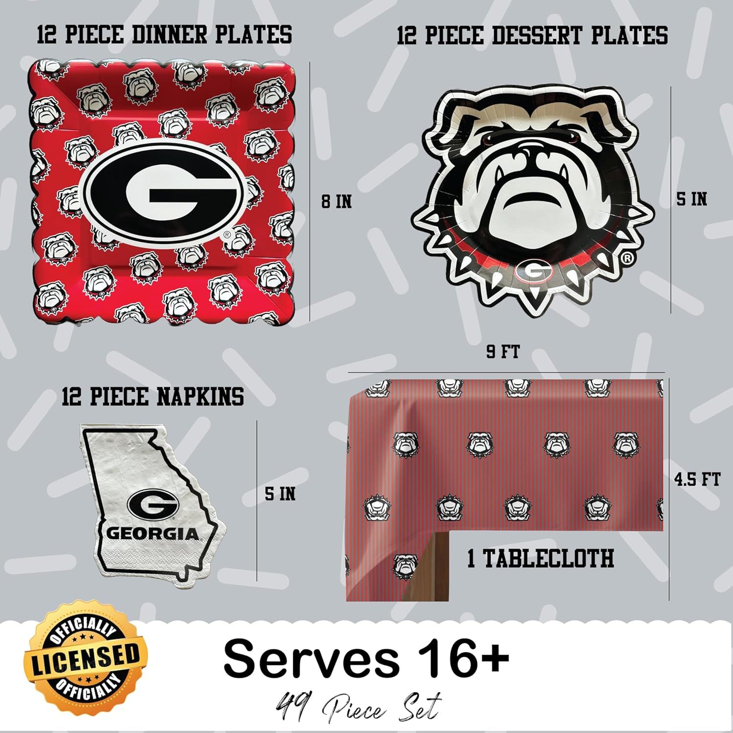 Shows everything included in the party set to help shoppers understand the complete bundle they will receive, including quantities and dimensions of each item.