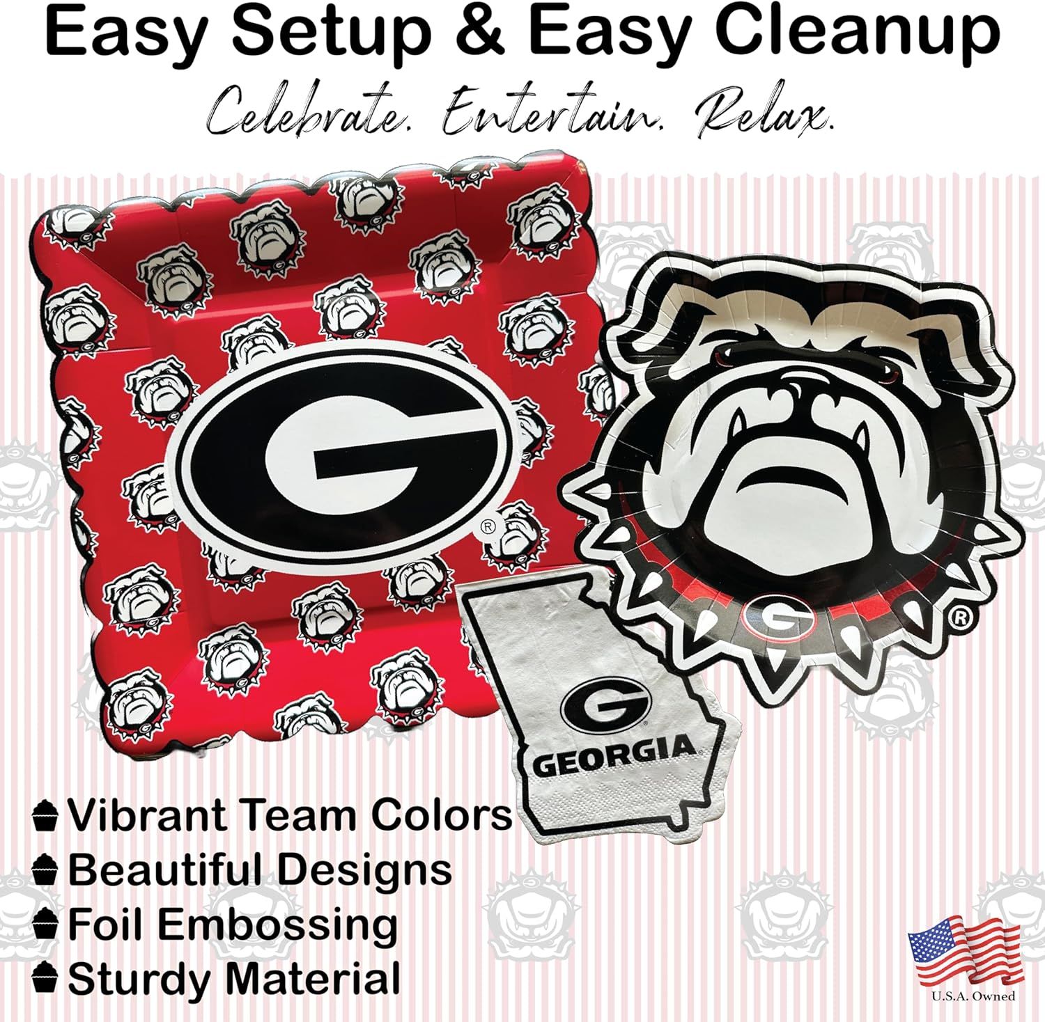 Communicates multiple selling points of the product including ease of use, visual appeal, premium finishing, and durability to show shoppers the comprehensive value of these party supplies.