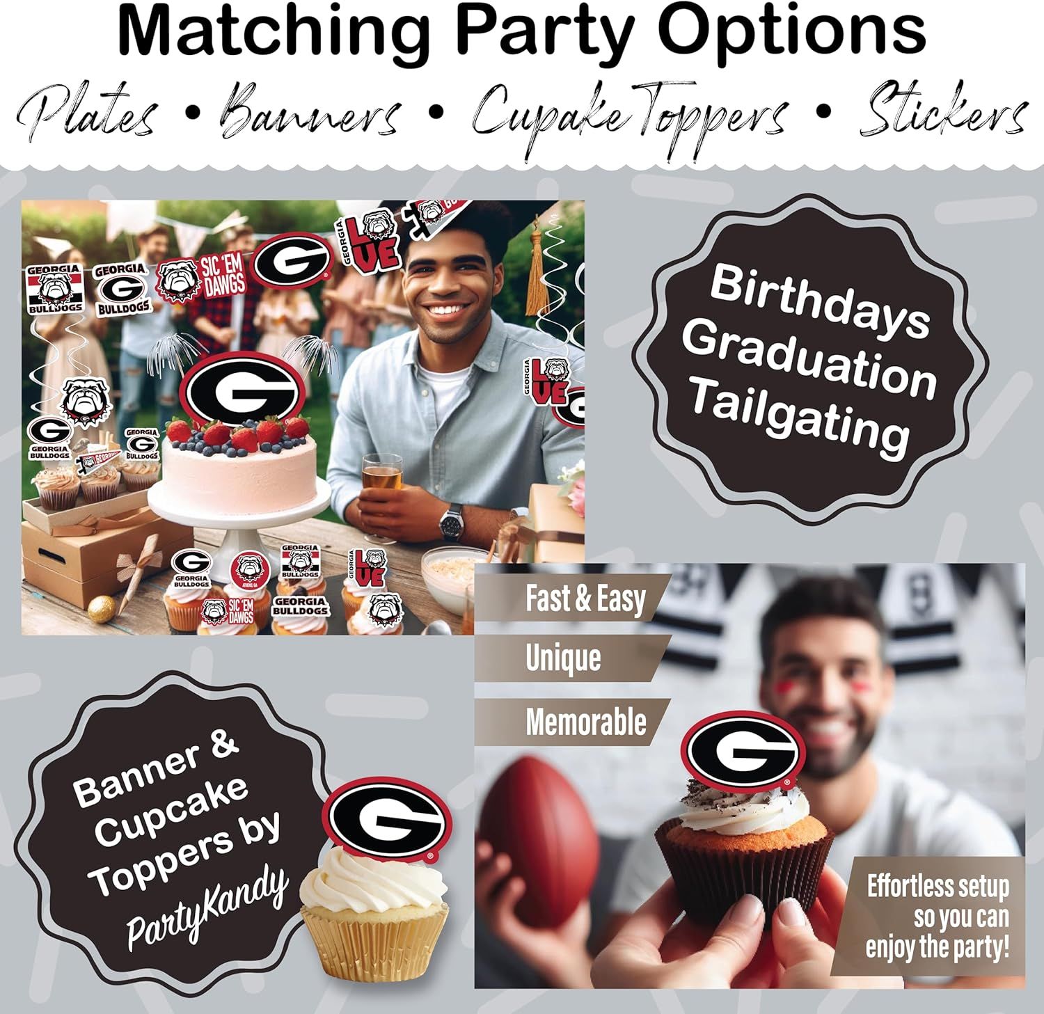 Demonstrates the versatility of the party decorations by showing they can be used for birthdays, graduations, and tailgating events, helping shoppers understand the product works for multiple…