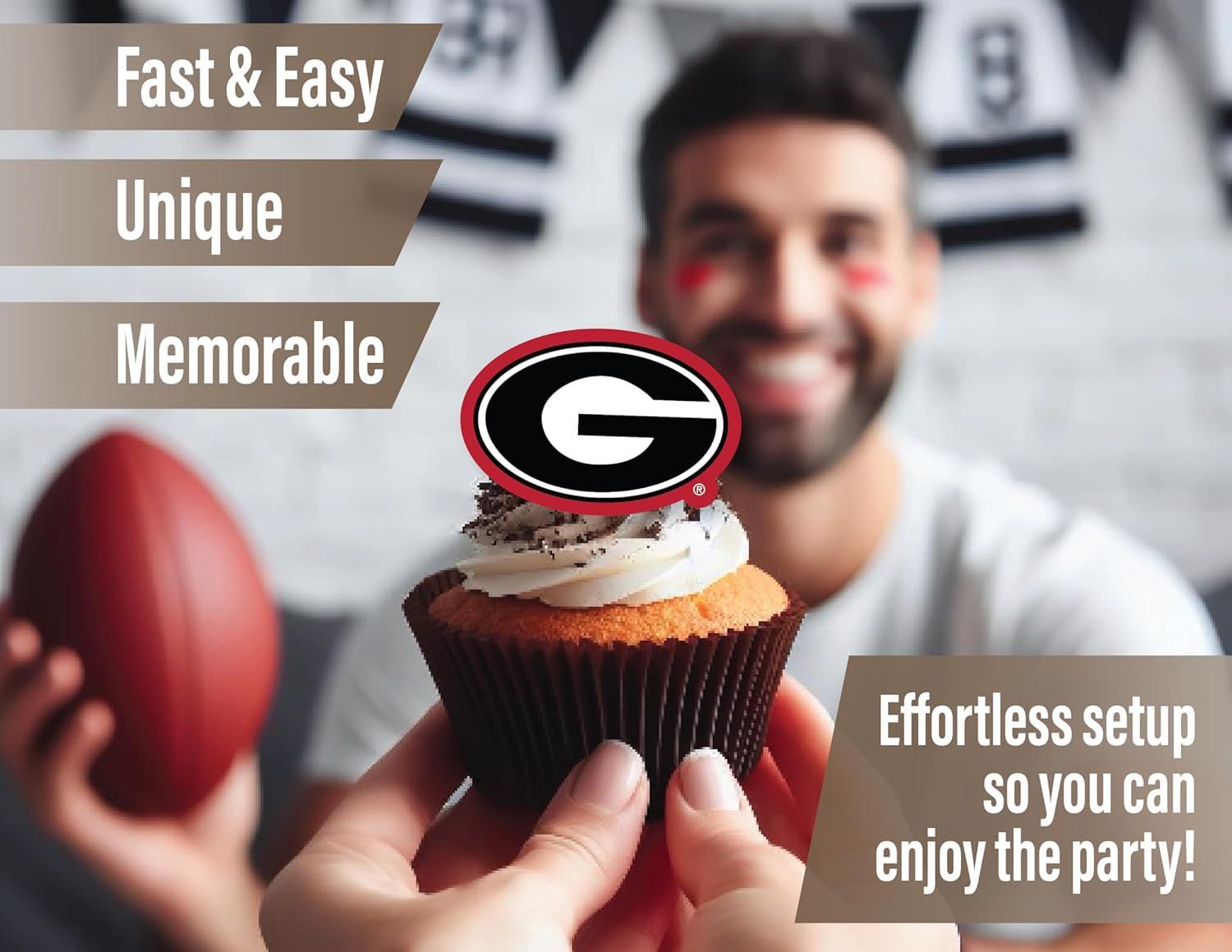 Communicates multiple benefits of the product including ease of use, uniqueness, memorability, and effortless setup to show shoppers why this is an ideal party or celebration item.