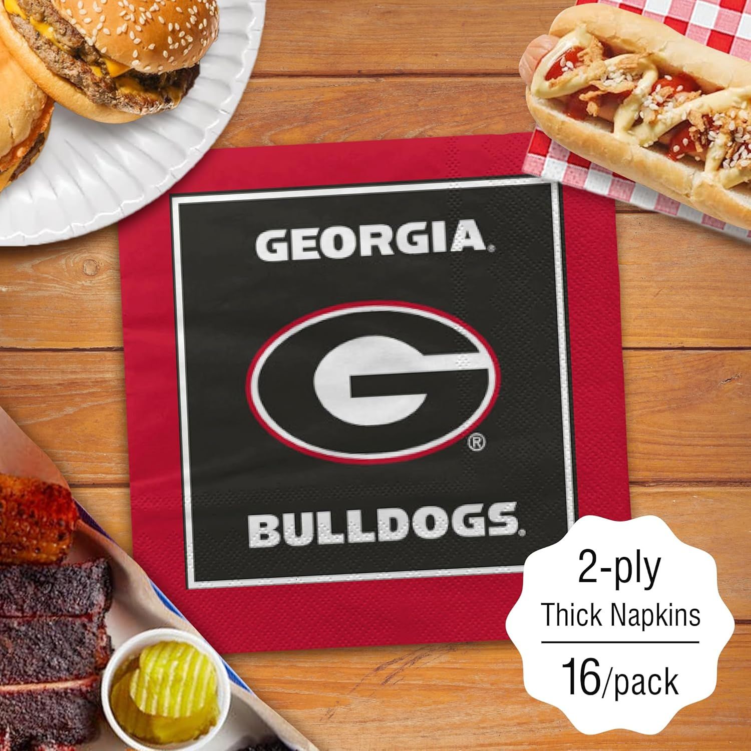 Communicates the quality and thickness of the napkins (2-ply) and the quantity included (16 per pack) to help shoppers understand the product specifications.