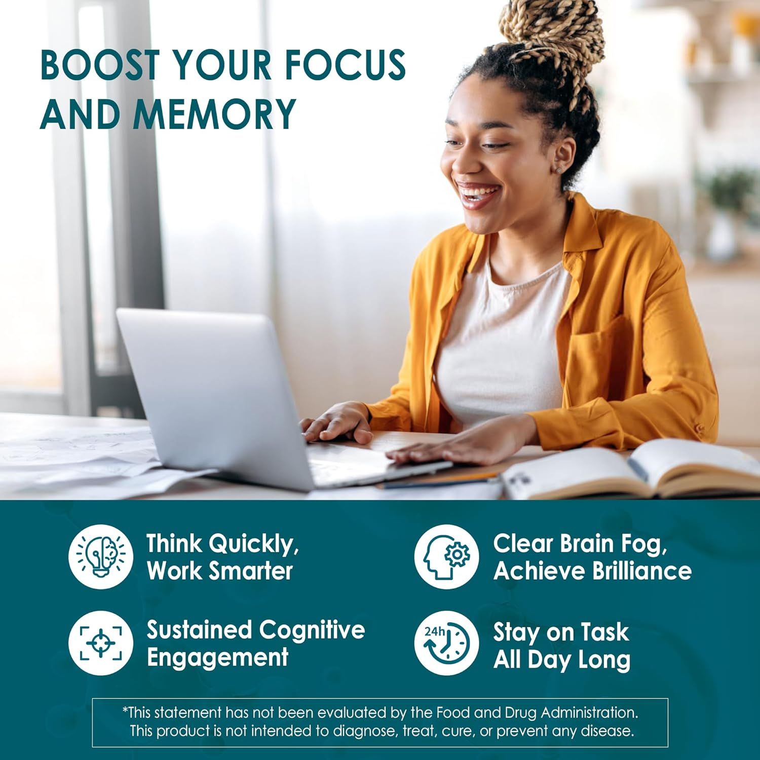 Communicates multiple cognitive benefits of the product including improved focus, memory, mental clarity, and sustained task engagement to appeal to shoppers seeking brain health supplements.
