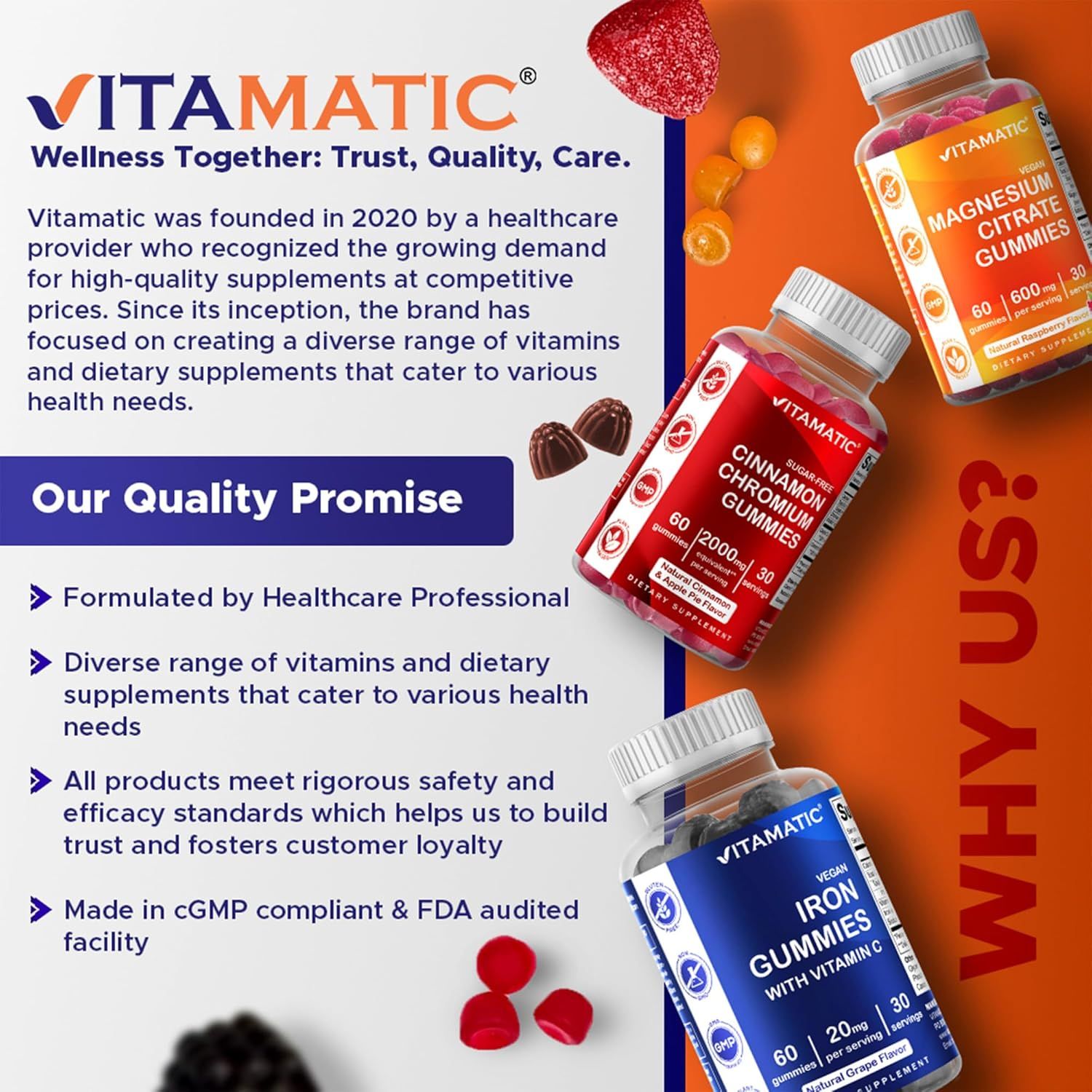 Communicates the brand's founding story, mission, and quality commitments to build trust and establish Vitamatic as a healthcare professional-founded supplement brand with rigorous safety standards.