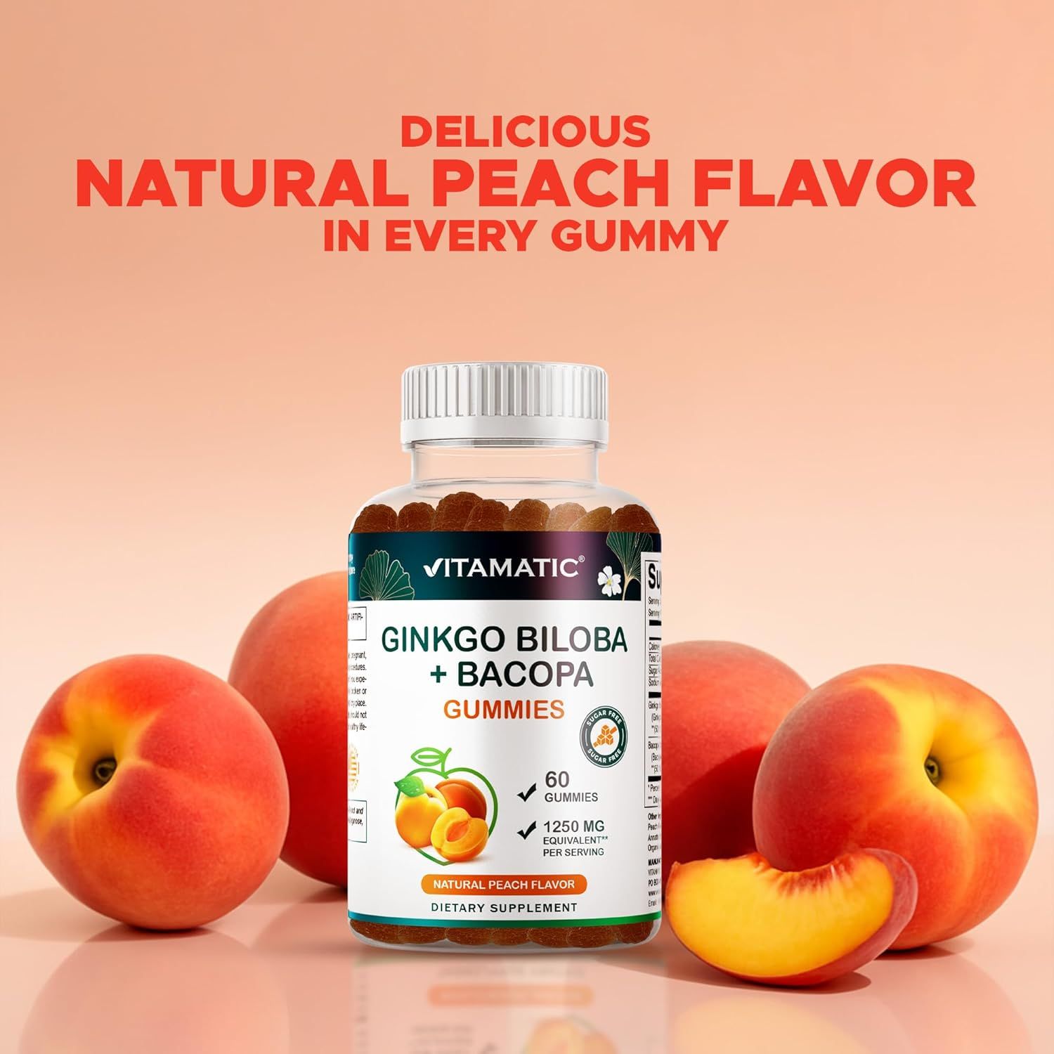 Communicates that the gummies have a delicious natural peach flavor to make the supplement more appealing and enjoyable to consume.