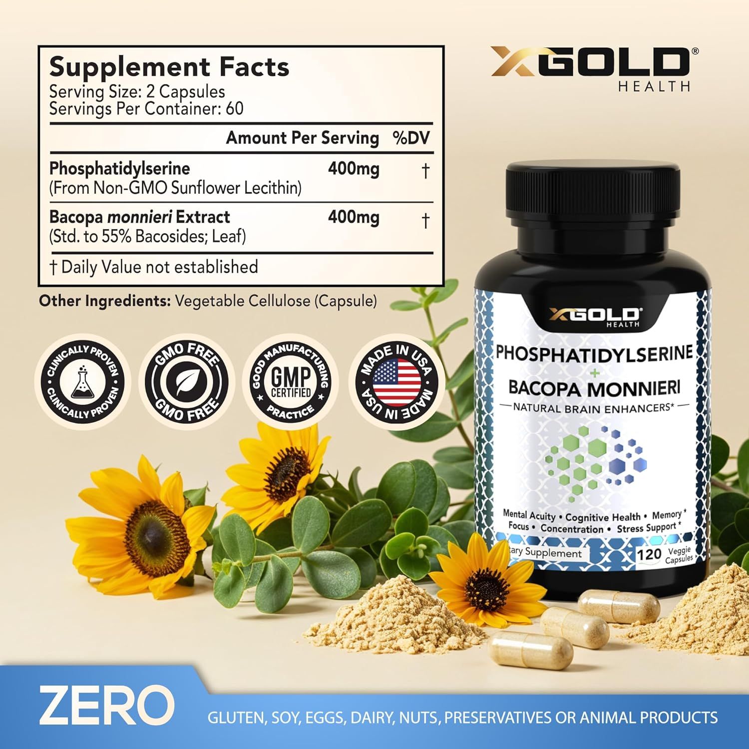Communicates multiple product benefits including detailed supplement facts, quality certifications (GMO Free, GMP Certified, Made in USA), ingredient transparency, and allergen-free formulation to…