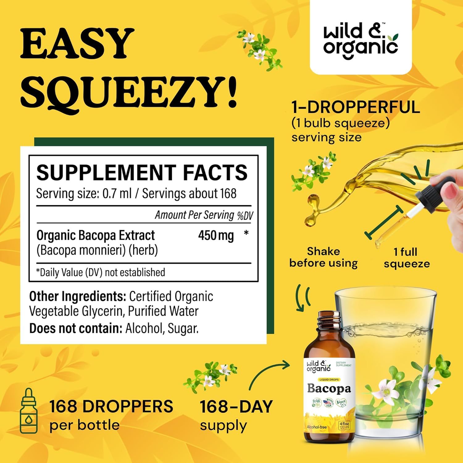 Communicates multiple product benefits including ease of use, nutritional information, serving size, and supply duration to help shoppers understand the product's value and usage.