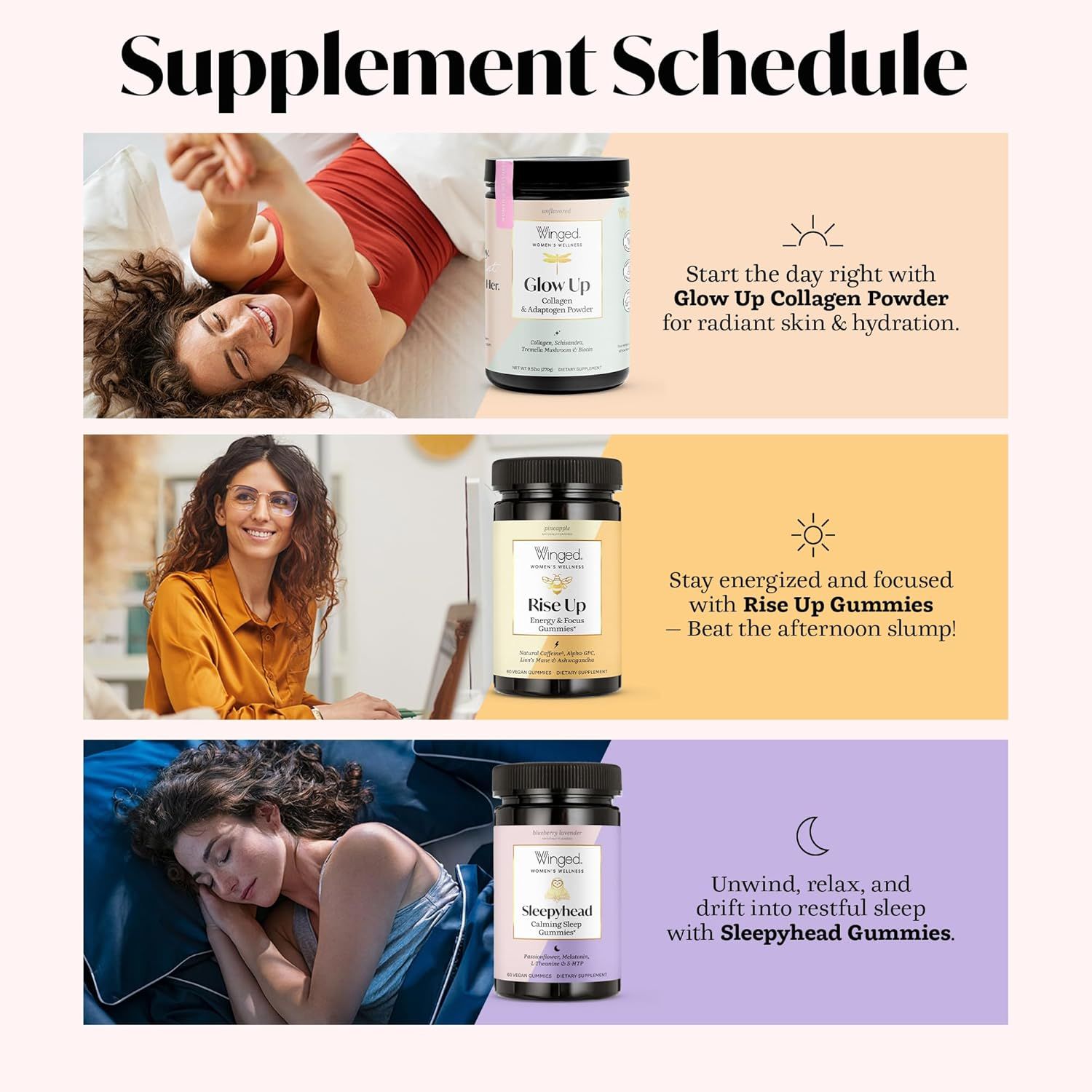 Guides shoppers on when and how to use each supplement throughout the day to optimize benefits for skin, energy, and sleep.