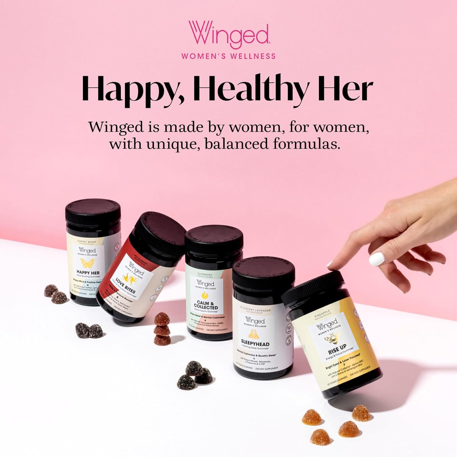 Emphasizes the Winged brand identity and positioning as a women's wellness company made by women for women with balanced formulas.