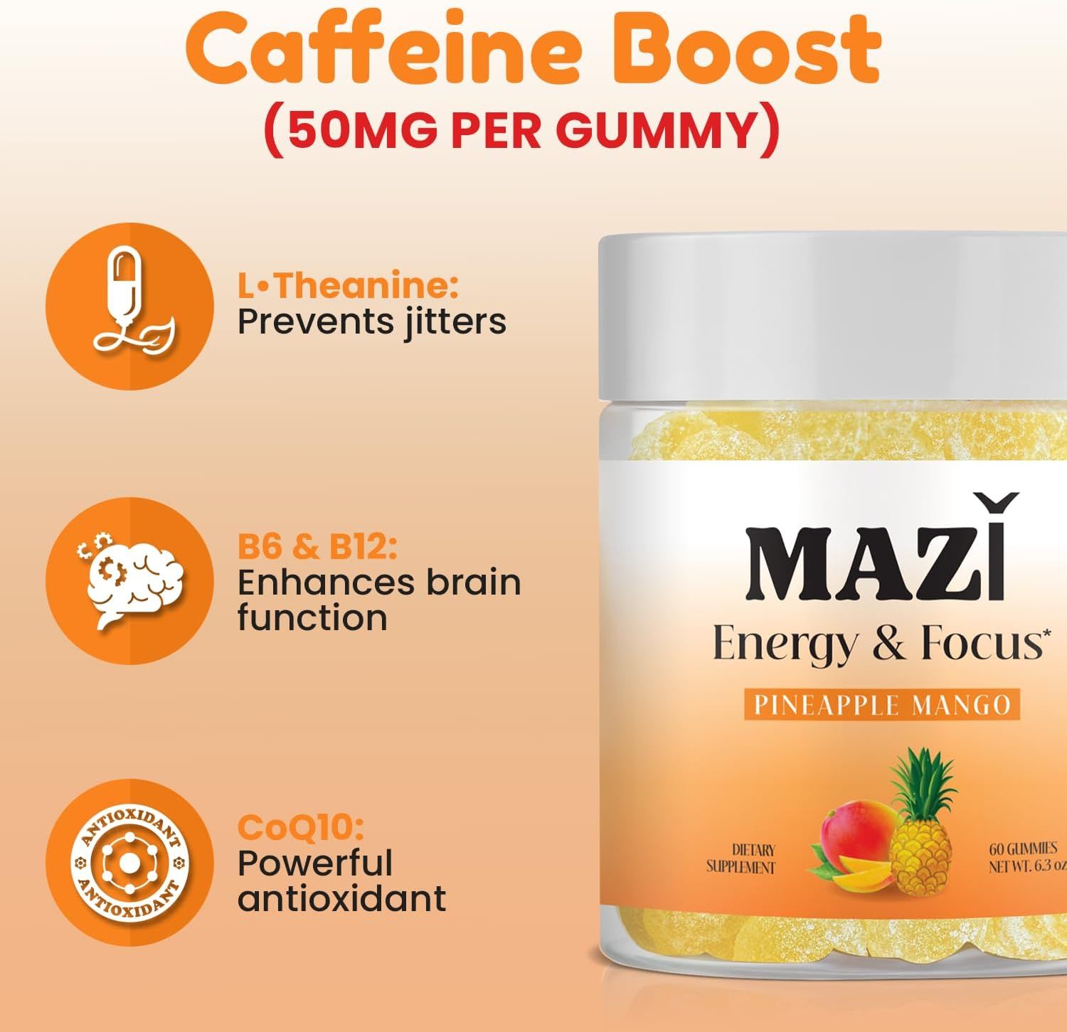 Communicates multiple key benefits of the energy gummies including jitter prevention, brain enhancement, antioxidant properties, and caffeine content to help shoppers understand the comprehensive…