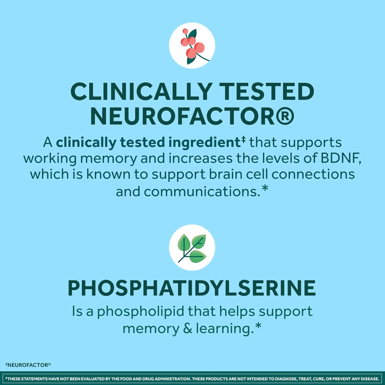 Highlights two key ingredients and their cognitive benefits to reassure shoppers about the product's scientifically-backed formulation for memory and brain health support.