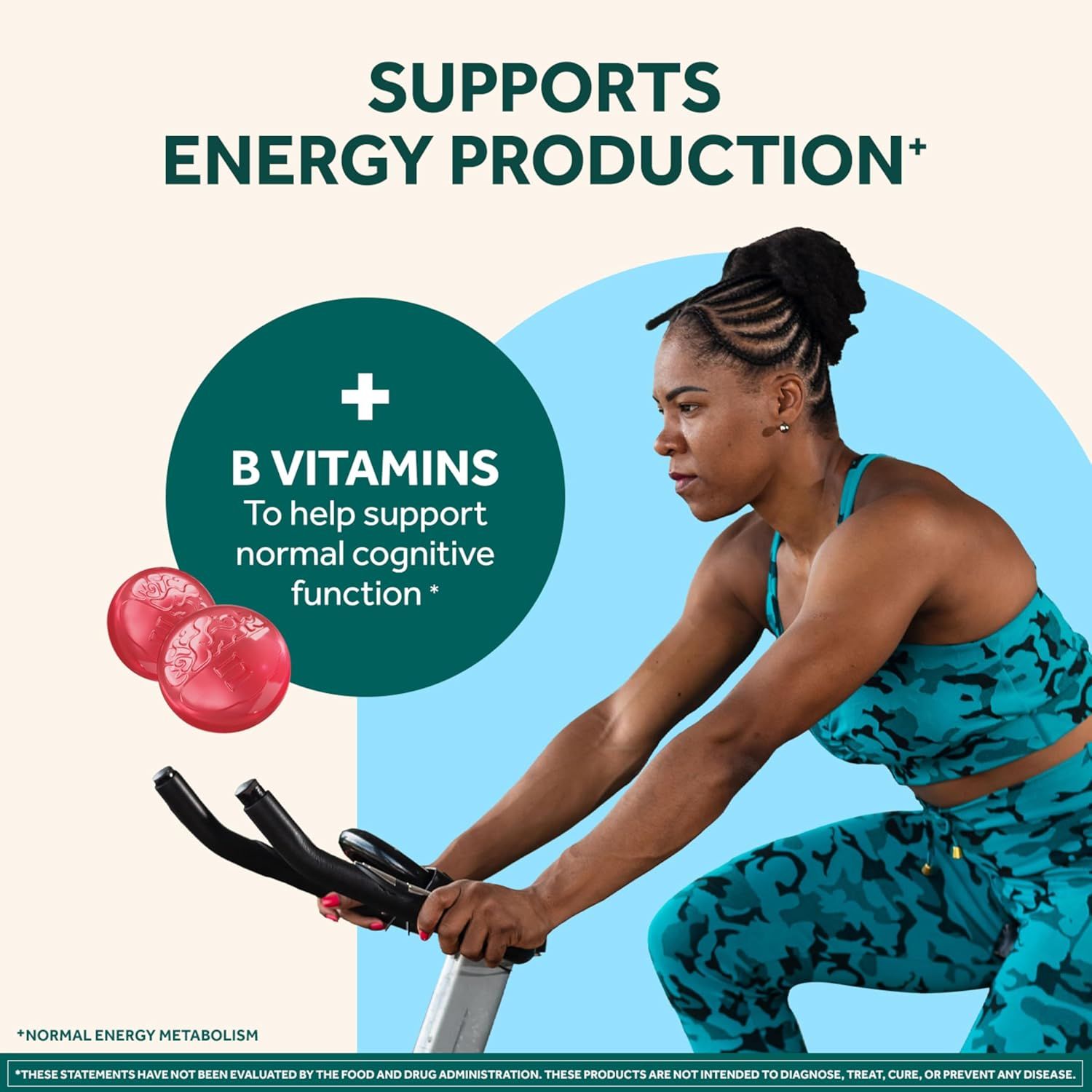Communicates that the product supports energy production and normal cognitive function through B vitamins, reassuring shoppers about the health benefits for active lifestyles.