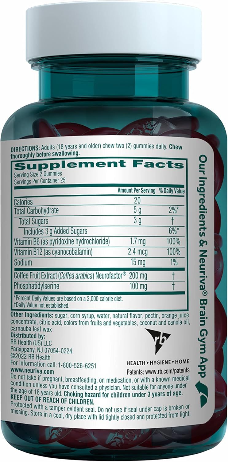 Displays the supplement facts panel and ingredient list to inform shoppers about the nutritional content, dosage, and ingredients included in the gummy supplement.
