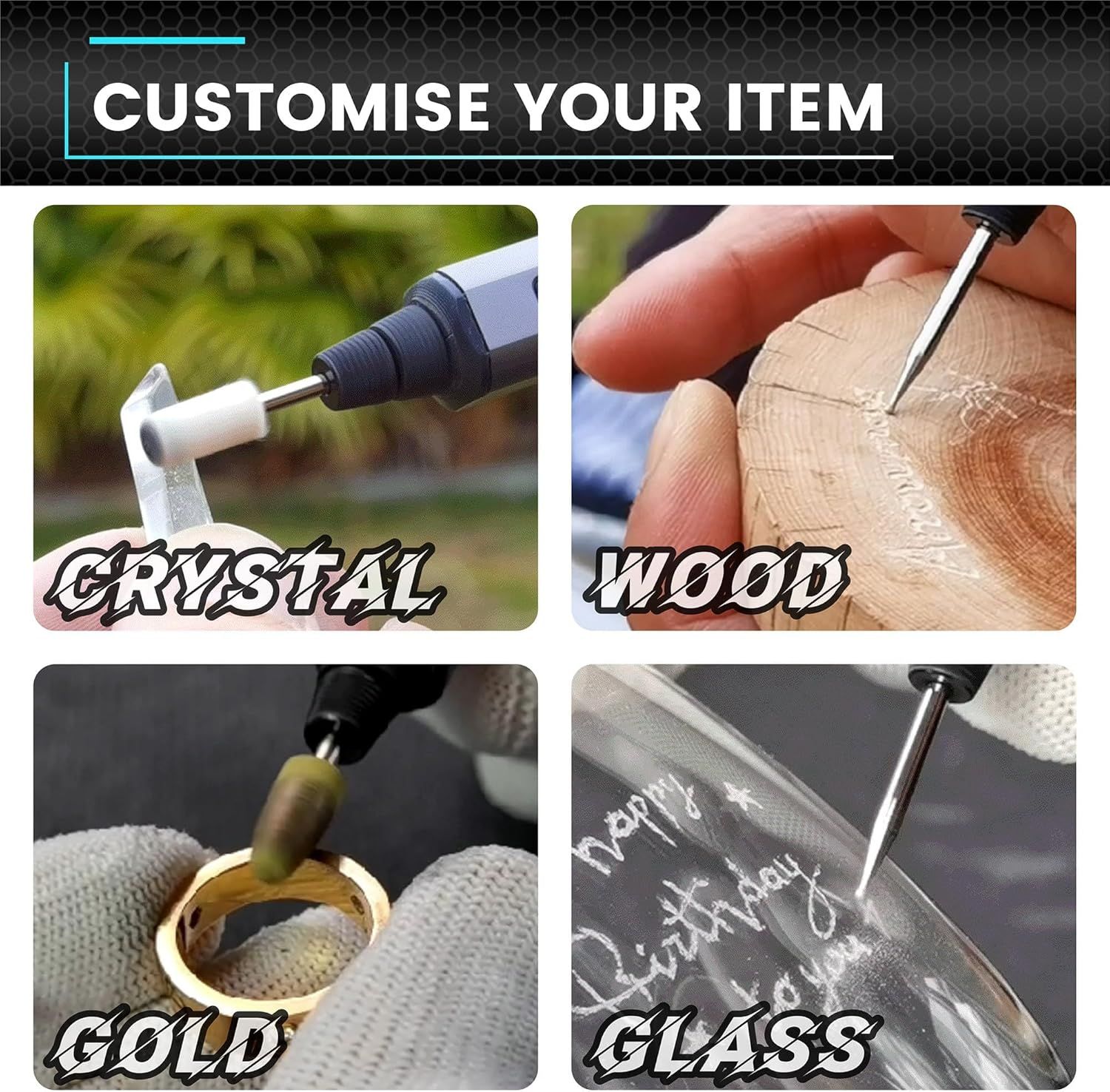 Demonstrates the versatility of the engraving tool by showing it can be used on crystal, wood, gold, and glass, helping shoppers understand the wide range of applications.