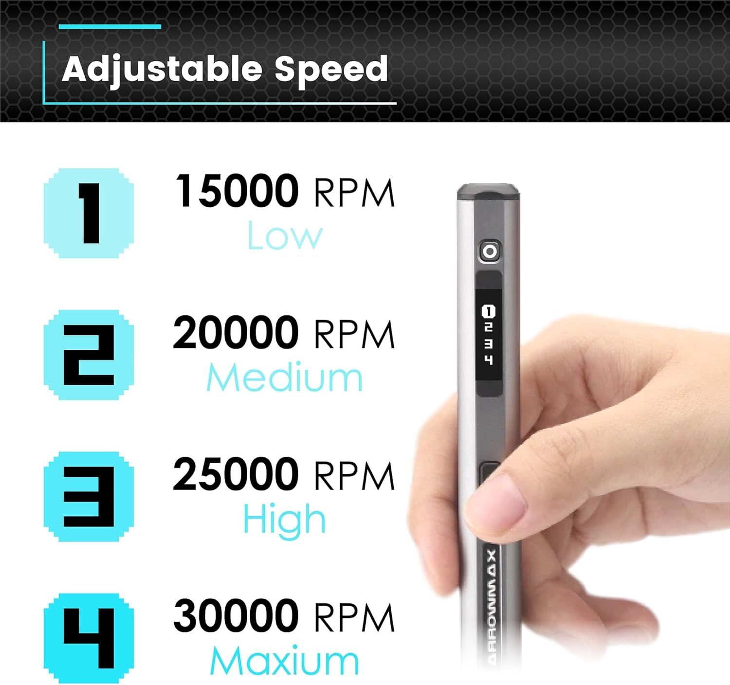 Communicates that the product offers four adjustable speed settings ranging from 15000 to 30000 RPM, allowing users to customize intensity for different needs.