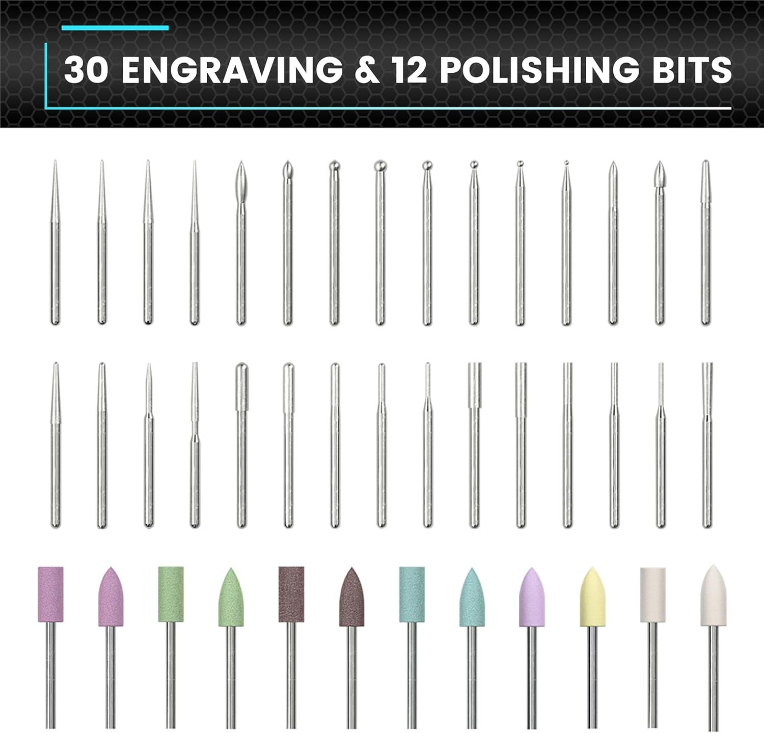 Shows the complete set of bits included with the product to help shoppers understand the variety and quantity of tools they will receive.
