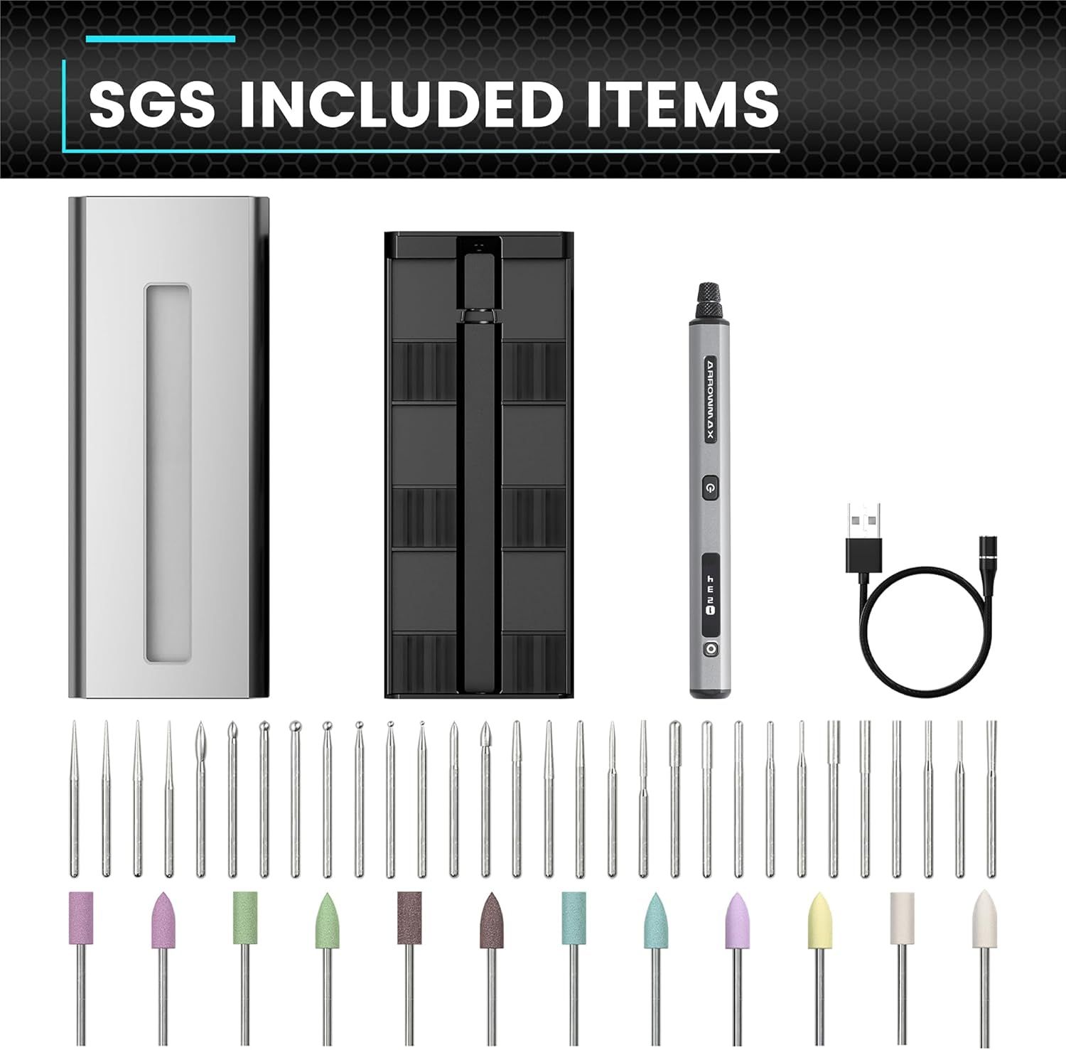 Shows all items included in the purchase to help shoppers understand the full value of the kit, including the main device, storage case, drill bits, sanding attachments, and charging cable.