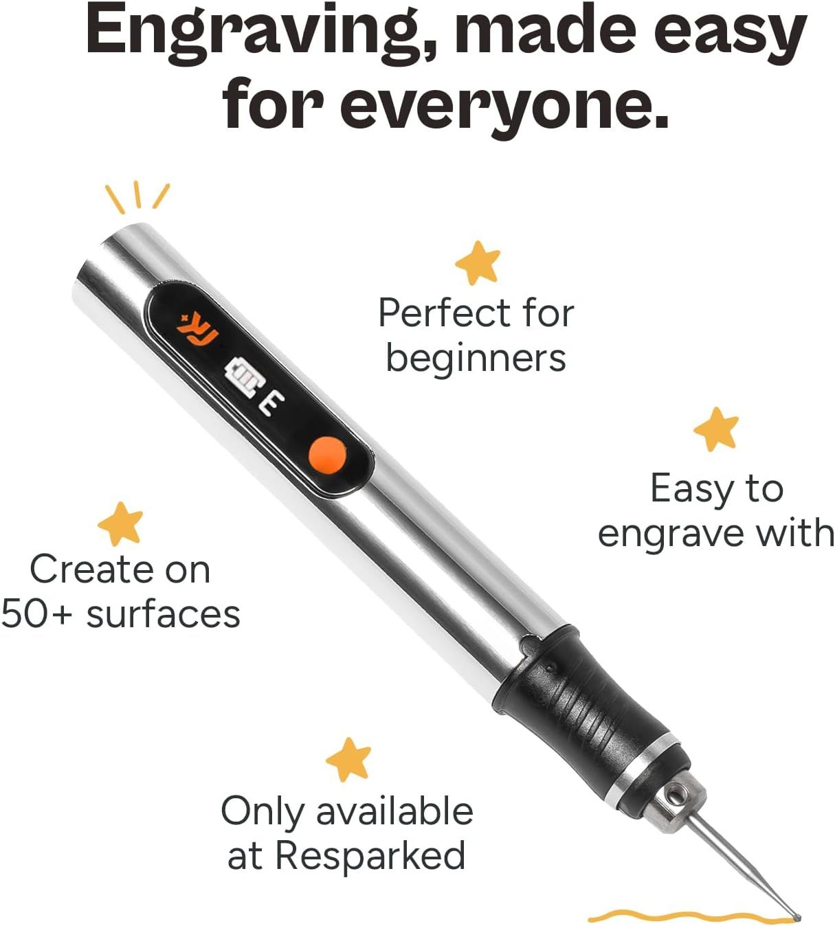 Communicates multiple benefits of the engraving tool including ease of use for beginners, compatibility with 50+ surfaces, and overall accessibility to…