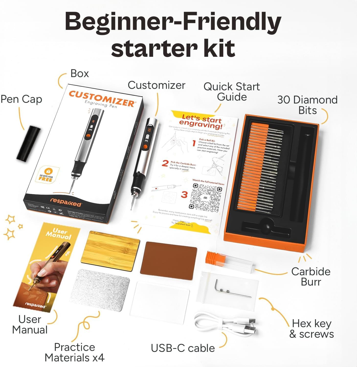 Shows everything included in the beginner-friendly engraving starter kit to help shoppers understand the complete value and contents they will receive with…