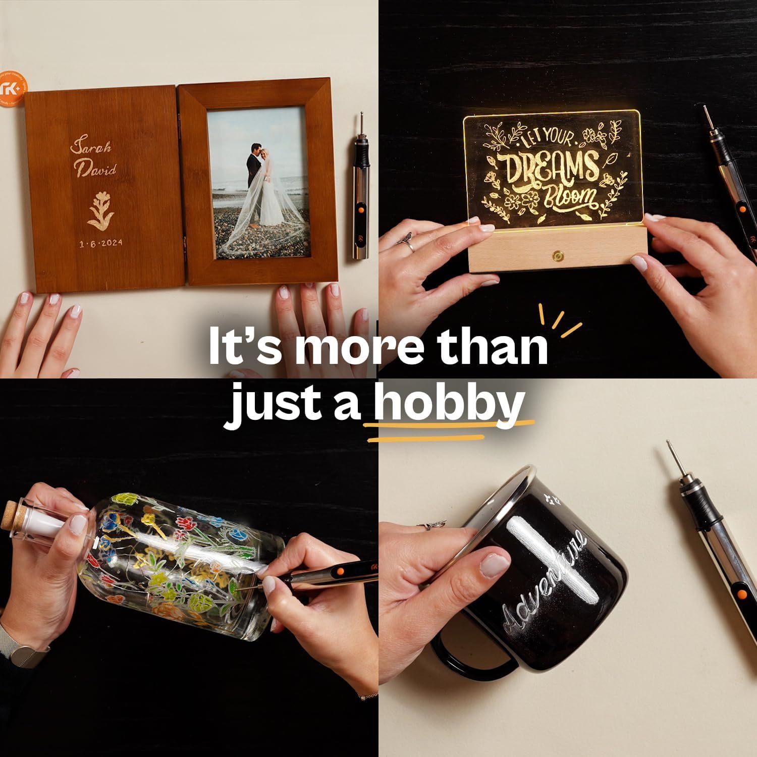 Demonstrates the versatility of the engraving tool by showing different use cases including personalized photo frames, inspirational plaques, decorative…