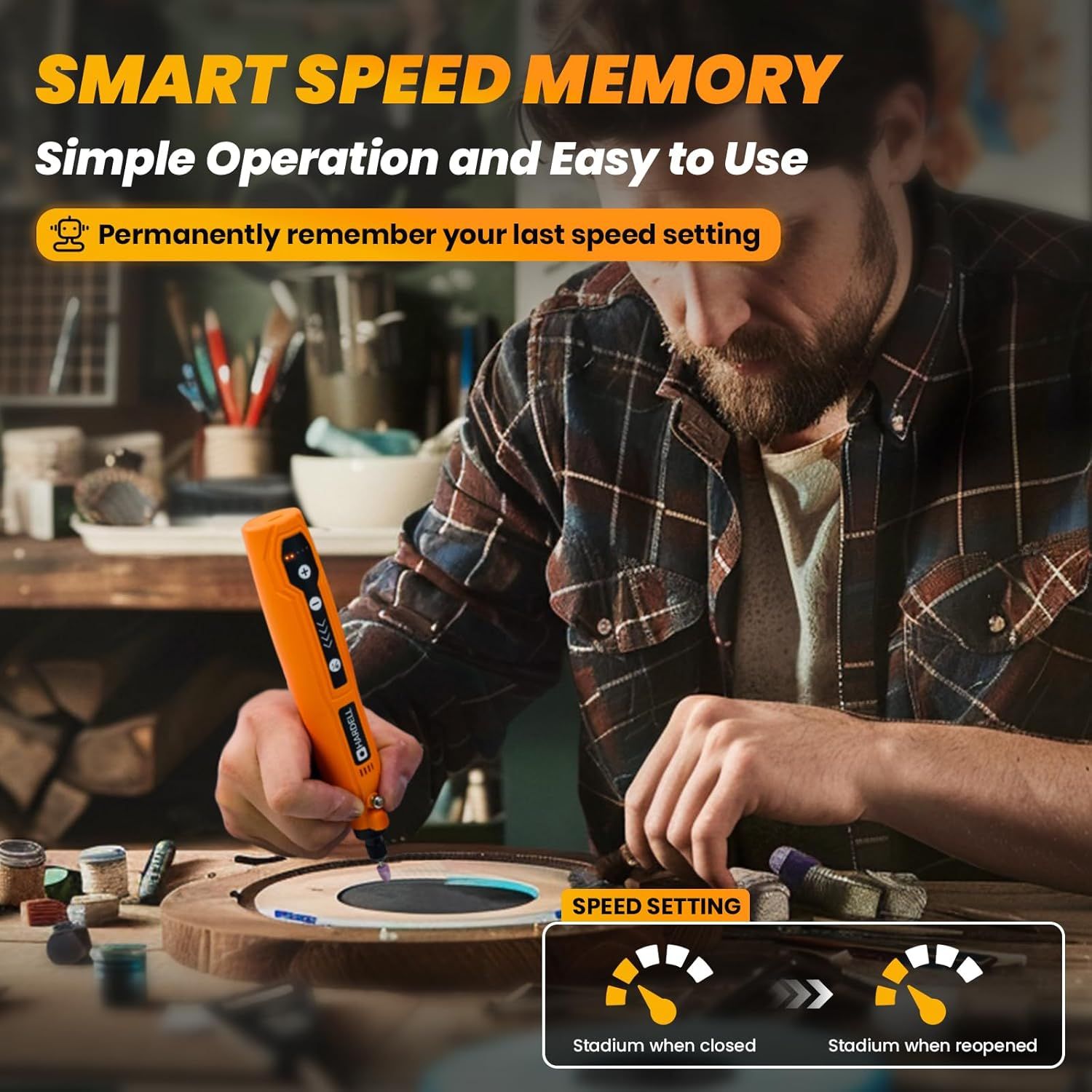 Communicates that the product has a smart memory feature that remembers the last speed setting, making it simple and easy to use without needing to adjust settings each time.
