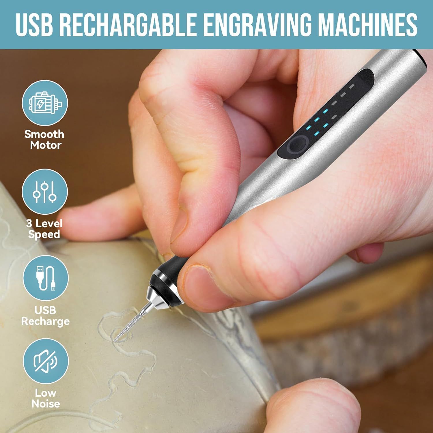 Showcases four key features of the engraving machine to demonstrate its versatility, ease of use, and convenience for shoppers looking for a reliable engraving tool.